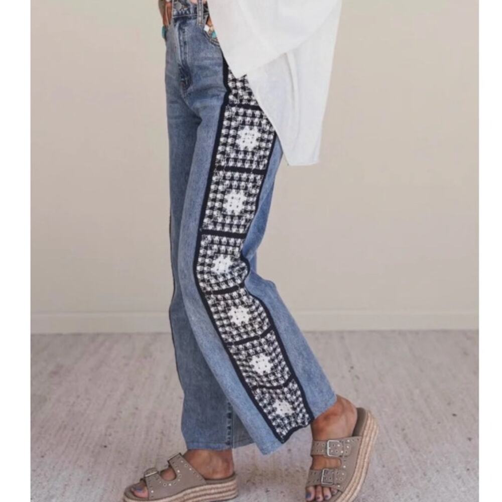 Blue B. Wildwoven Crochet Panel Straight Leg Jeans L NWT - Artisan Boho